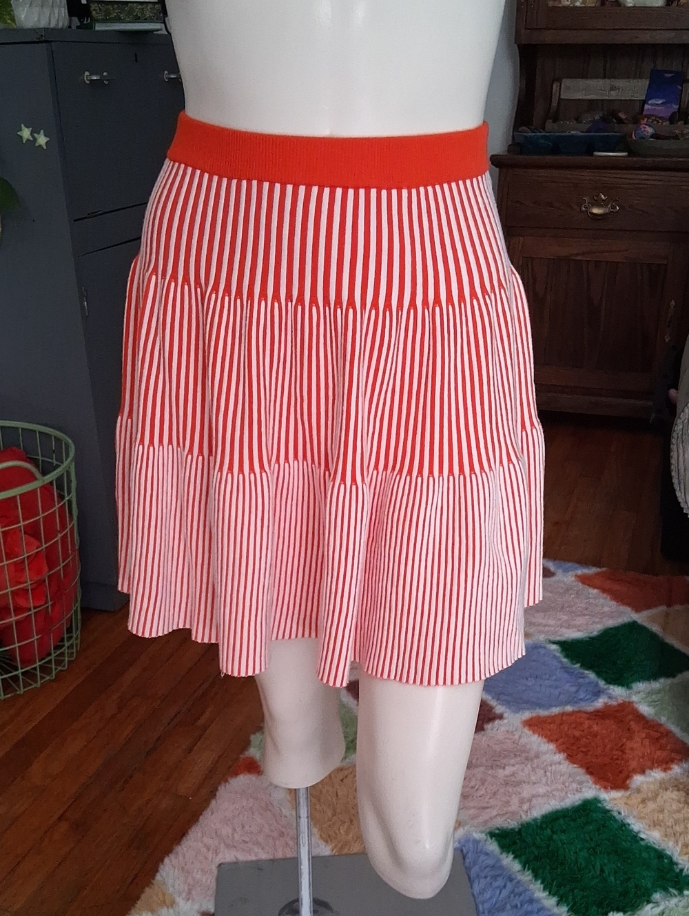 Free Assembly Red And White Knit Striped A-Line Mini Skirt